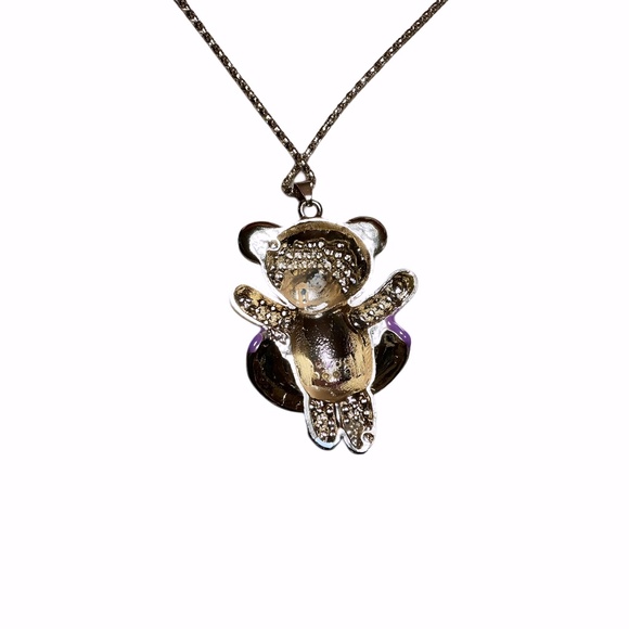 Betsey Johnson Teddy Bear Necklace, Gold Tone, Crystals, Purple Tutu, 28" Chain - Picture 10 of 10